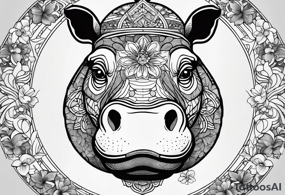 A symbolic hippo head with a detailed realistic full moon on upper right corner and wintersweet flower on lower left corner, looking like a totem tattoo idea