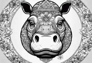 A symbolic hippo head with a detailed realistic full moon on upper right corner and wintersweet flower on lower left corner, looking like a totem tattoo idea