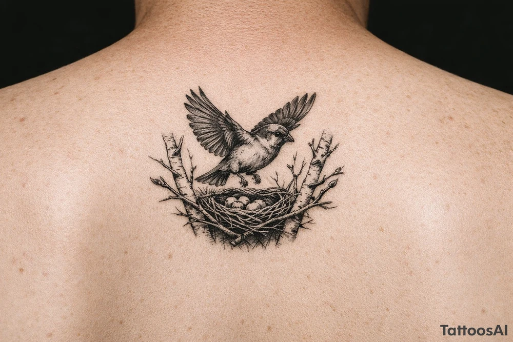 fine line black and grey tattoo of a detailed sparrow taking flight from a simple nest nestled in silver birch branches on upper arm outter bicep tattoo idea