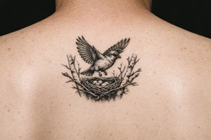 fine line black and grey tattoo of a detailed sparrow taking flight from a simple nest nestled in silver birch branches on upper arm outter bicep tattoo idea