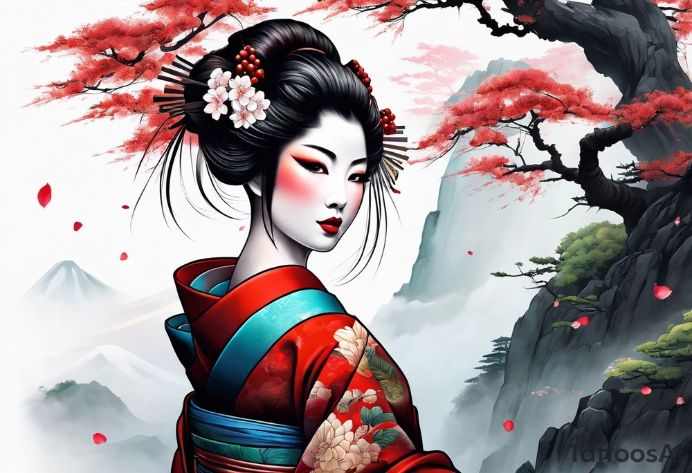 geisha girl that is also a Japanese waterfall tattoo idea