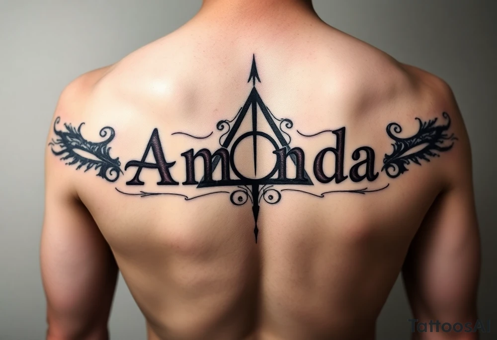 Amanda name with Harry Potter deathly hallows on ribs tattoo idea