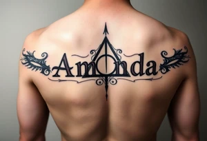 Amanda name with Harry Potter deathly hallows on ribs tattoo idea