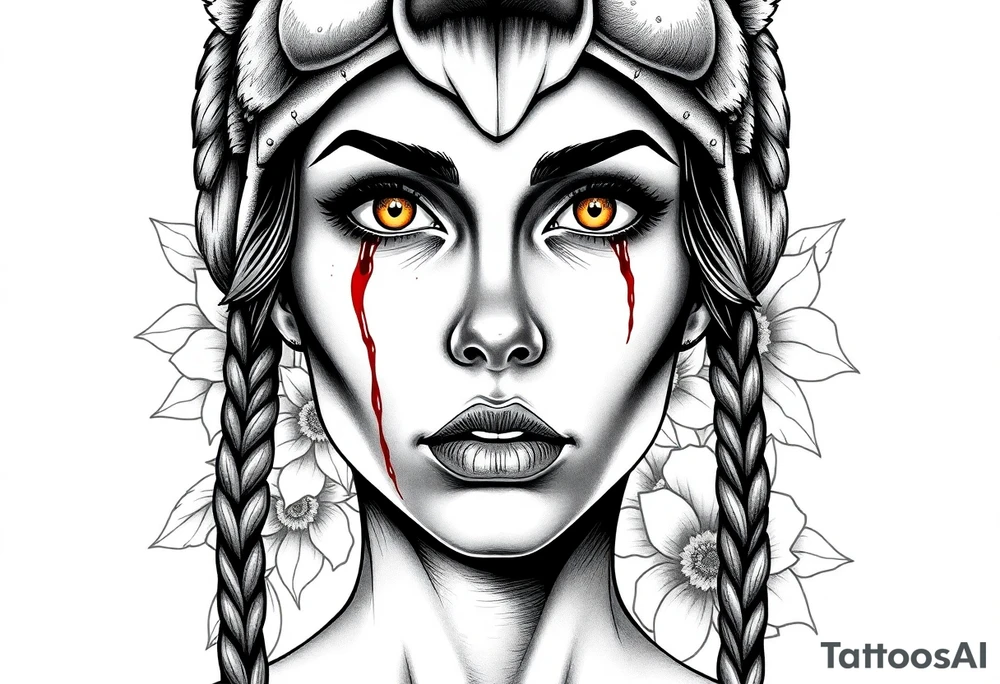 Young Symmetrical Beautiful Woman, looking forward, with colored eyes, shedding a tear, with battle scars and blood on face, with soft look, wearing a mean looking bear headdress on head, with flower background tattoo idea