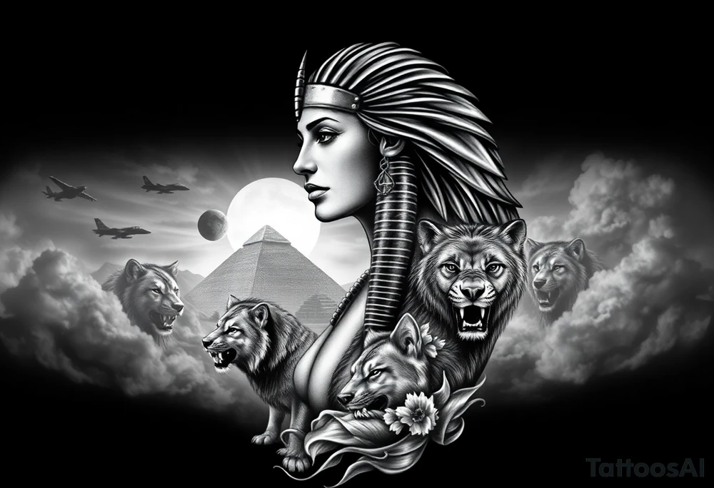 A Egyptians woman with surrounded by Wolves & Lions behind a Pyramids & mountain with the sun overhead & jets flying in the air & smoke surrounding everything tattoo idea