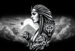 A Egyptians woman with surrounded by Wolves & Lions behind a Pyramids & mountain with the sun overhead & jets flying in the air & smoke surrounding everything tattoo idea