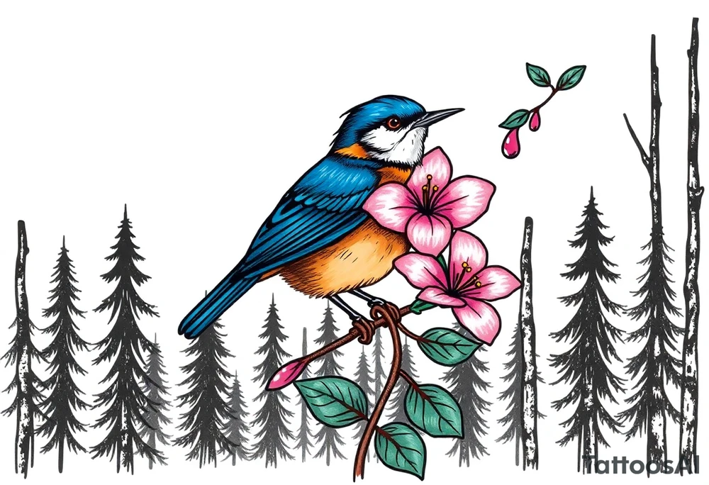 forest trees background
blue rain drops
pink camelia flower
blue and brown wren bird tattoo idea