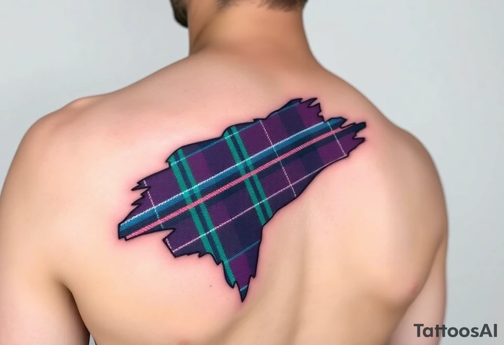 arm Dark Purple with green pink blue and white highlights tartan fabric with flesh peeling away at edges tattoo idea