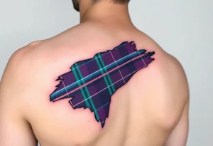 arm Dark Purple with green pink blue and white highlights tartan fabric with flesh peeling away at edges tattoo idea