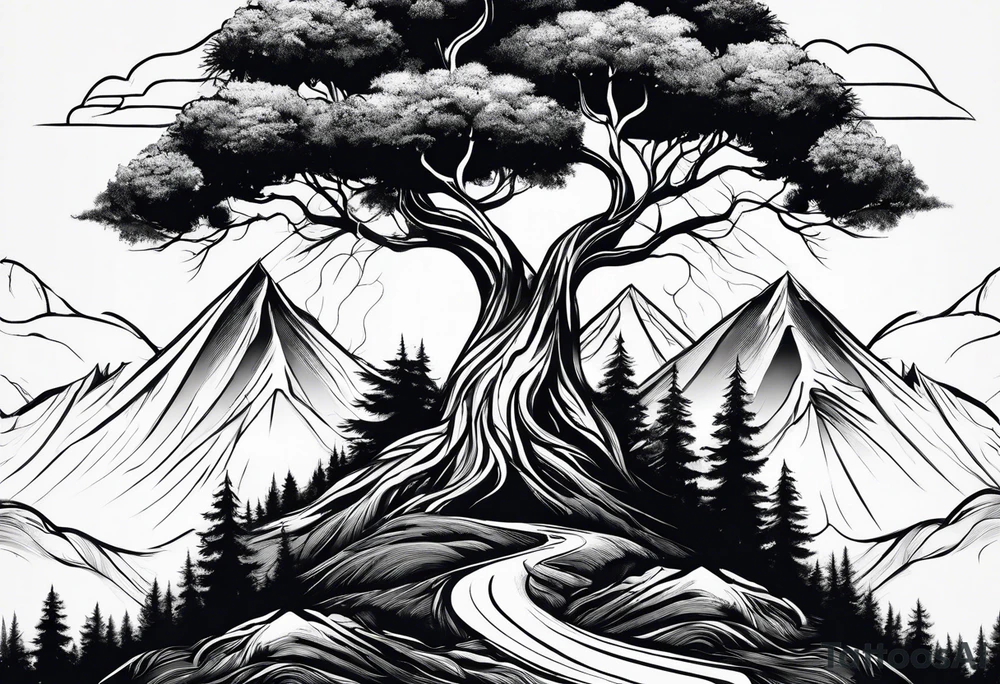 Three mountains three trees with roots tattoo idea