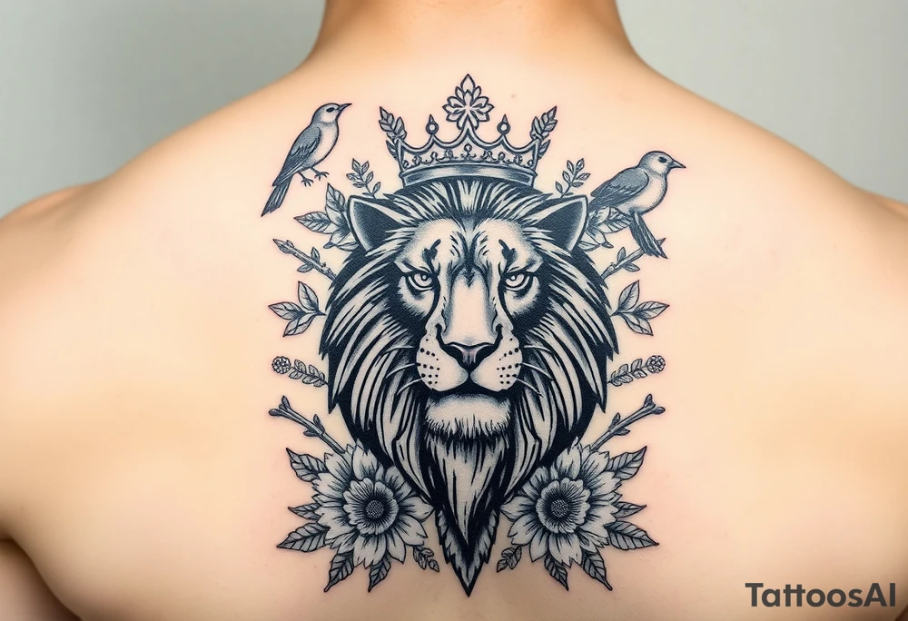 powerful majestic lion with a crown, surrounded by floral ornaments and birds tattoo idea