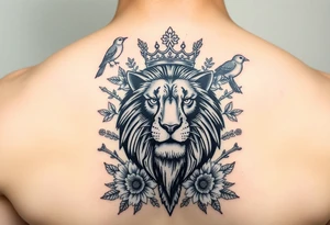 powerful majestic lion with a crown, surrounded by floral ornaments and birds tattoo idea