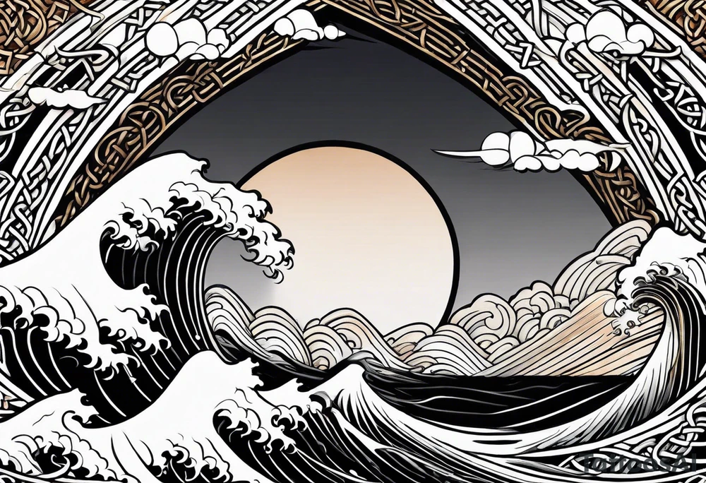 celtic pattern in the negative space japanese wave.  . clouds tattoo idea