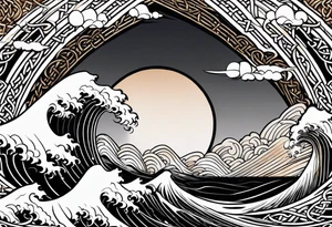 celtic pattern in the negative space japanese wave.  . clouds tattoo idea