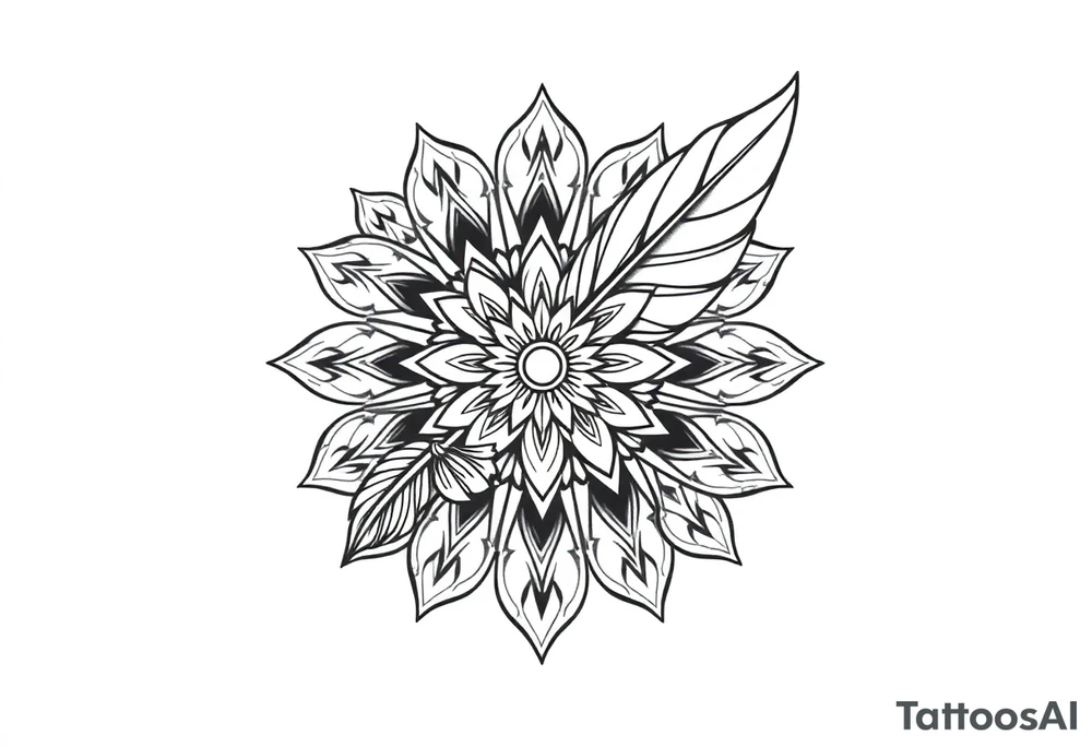 spiritual bold line feather mandala tattoo idea