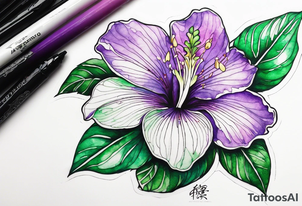 An outline of a rio dipladenia flower with a green and purple watercolor background tattoo idea