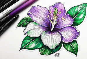 An outline of a rio dipladenia flower with a green and purple watercolor background tattoo idea