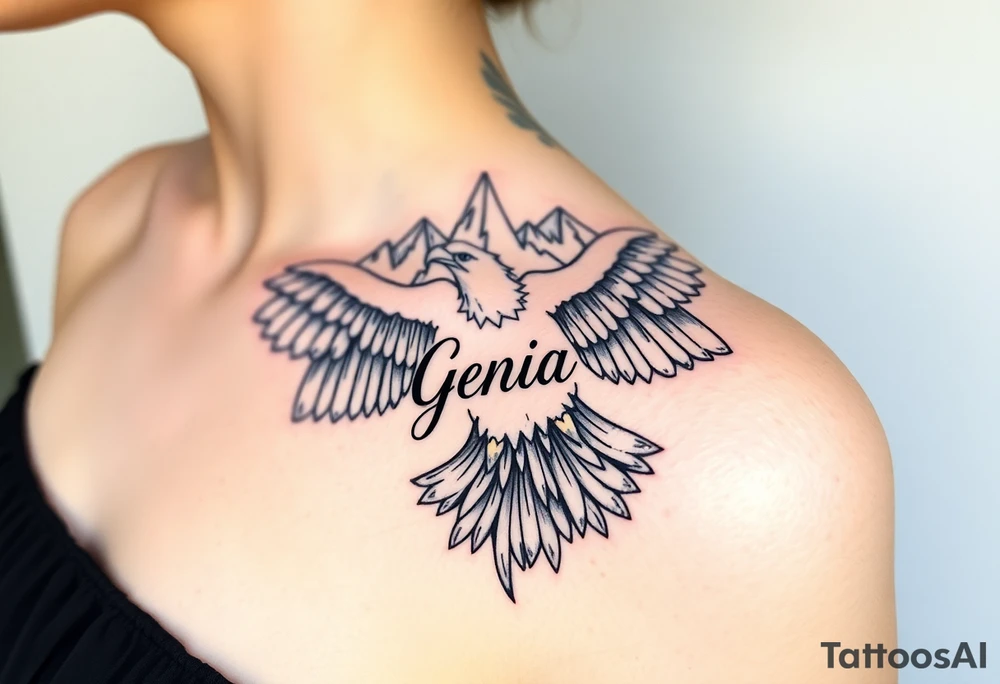 majestic eagle spreading wings against mountain peaks with name Genia in it tattoo idea