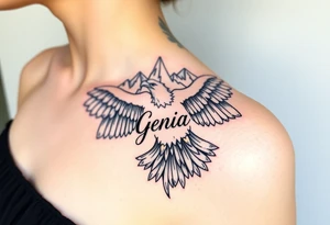 majestic eagle spreading wings against mountain peaks with name Genia in it tattoo idea