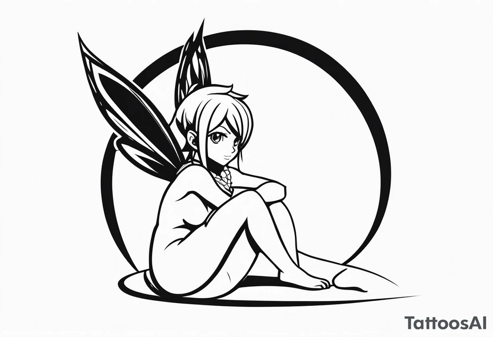 A fairy with a tail inspired by the logo of the show called Fairy Tail in a fetal position leaning in tattoo idea