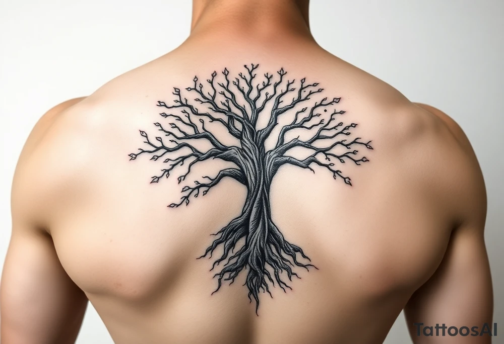 mystical tree of life with cosmic roots and celestial branches tattoo idea