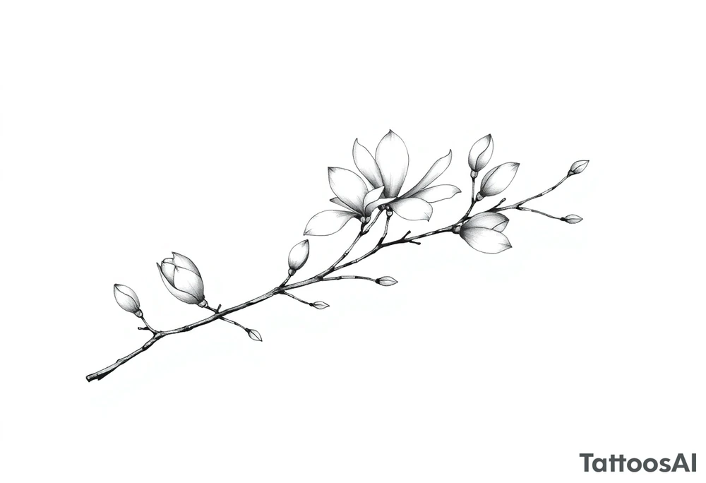 Magnolia branch long with different small almost closed flowers, with botanical details and dots tattoo idea