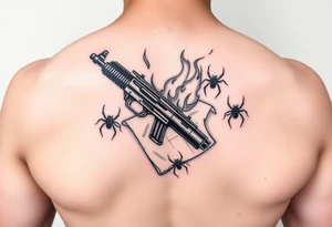 A Tommy gun and burning paper with spiders tattoo idea