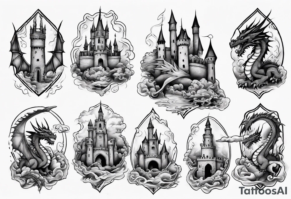 dragons protecting a castle tattoo idea