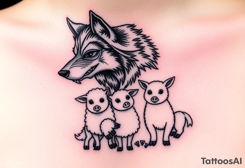 Big bad wolf in a sheep costume hunting 3 little pigs tattoo idea