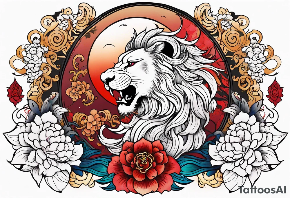 Lion phoenix rose moon tattoo idea