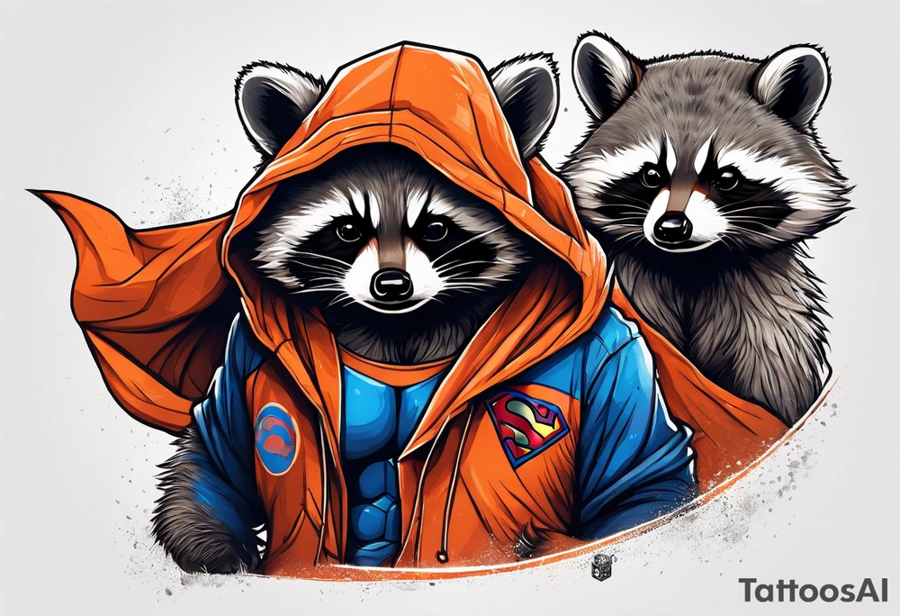 Raccoon wearing an orange Superman hoodie tattoo idea