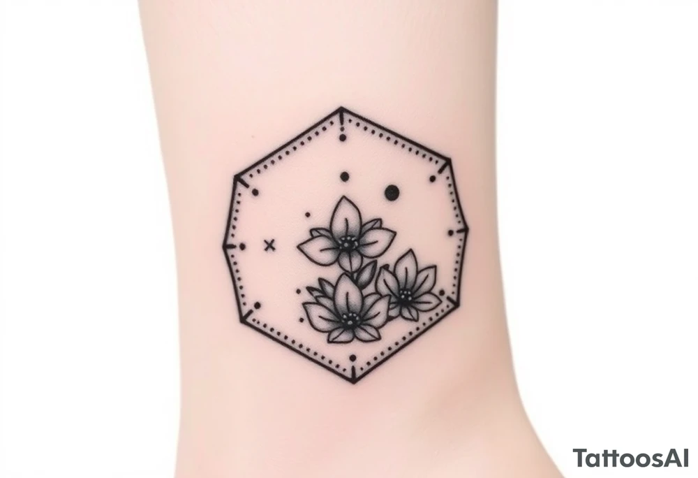 Hexagon with a Leo constellation, larkspur and water lilies in the center tattoo idea