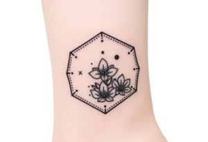 Hexagon with a Leo constellation, larkspur and water lilies in the center tattoo idea