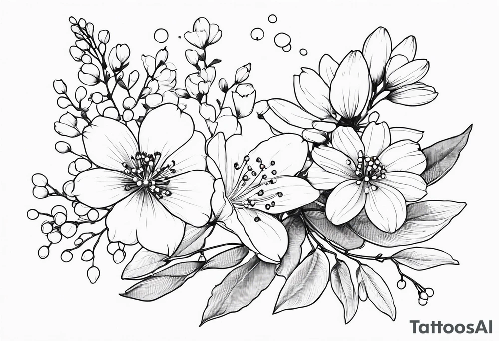 cosmos flower, cherry blossoms, rowan tree berries and flowers, lily of the valley tattoo idea