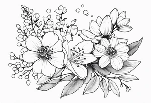 cosmos flower, cherry blossoms, rowan tree berries and flowers, lily of the valley tattoo idea