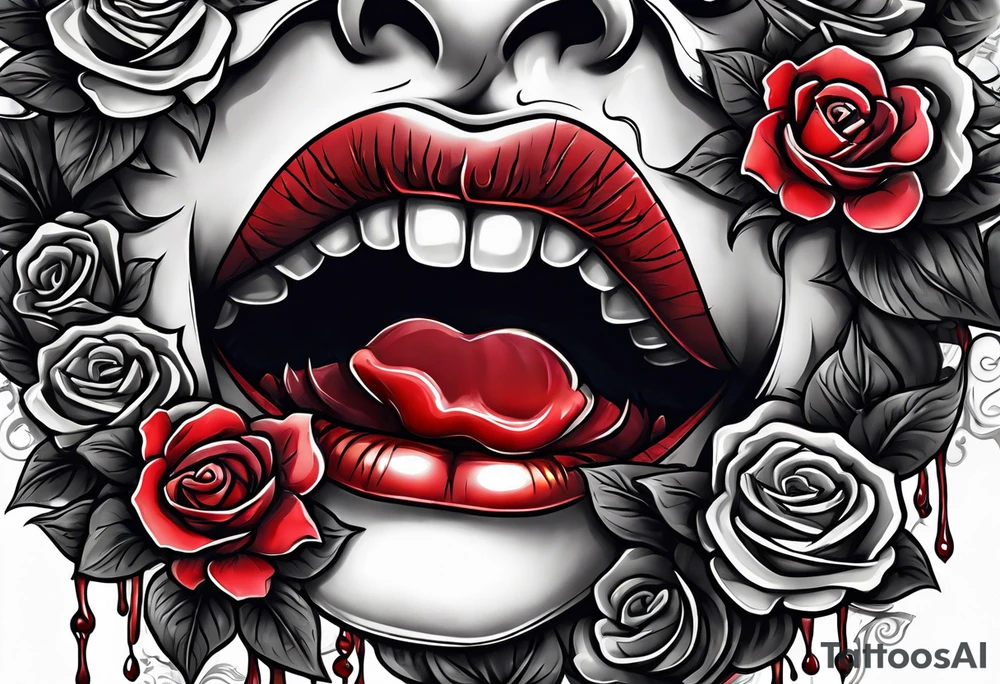 Sexy vampire mouth biting rose tattoo idea