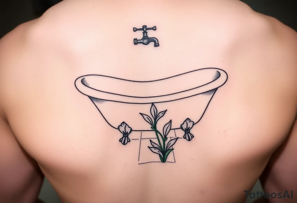 clawfoot bathtub with simple faucet and lily coming up out of the tile floor tattoo idea