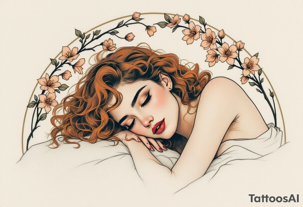 Alfons Mucha’s romantic portrait of a woman with chestnut curls, resting beneath an arched frame of bronze and peach blossoms. tattoo idea