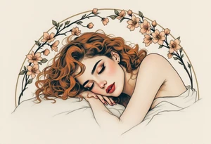 Alfons Mucha’s romantic portrait of a woman with chestnut curls, resting beneath an arched frame of bronze and peach blossoms. tattoo idea