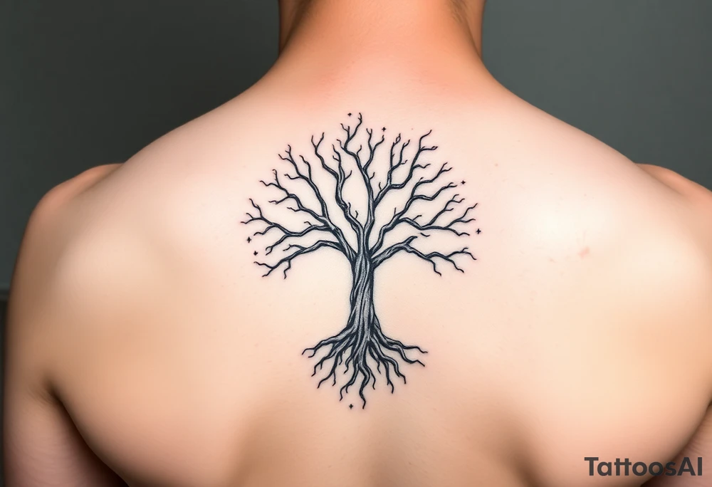 mystical tree of life with cosmic roots and celestial branches tattoo idea