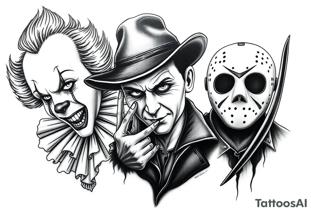 Pennywise, Freddy Krueger, Michael Meyers, and jason voorhees tattoo idea