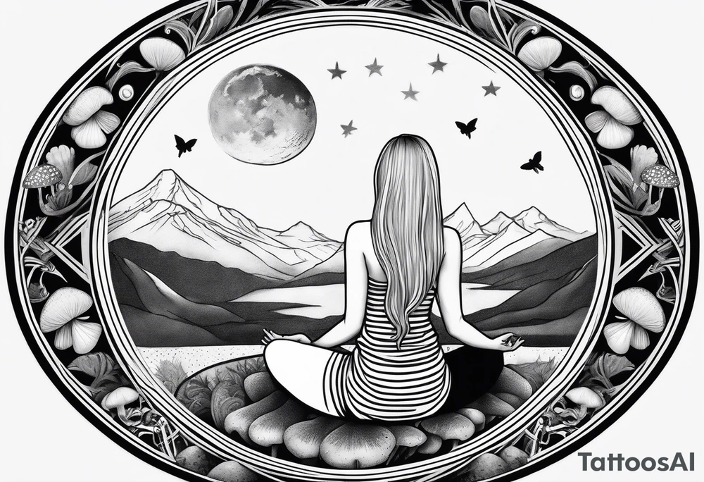 Straight blonde hair girl meditating facing away toward mountains surrounded by mushrooms crescent moon mandala circular design black and white striped dress tattoo idea