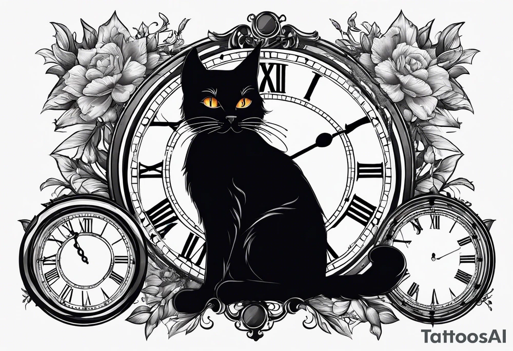 Black cat with a broken clock tattoo idea