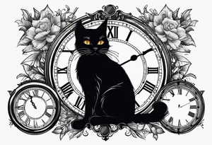 Black cat with a broken clock tattoo idea