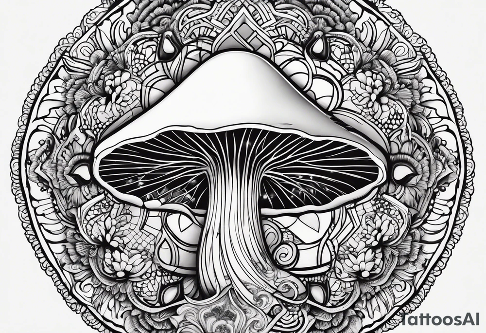 Black mushroom tattoo with henna style mandala design surrounding it tattoo idea
