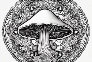 Black mushroom tattoo with henna style mandala design surrounding it tattoo idea