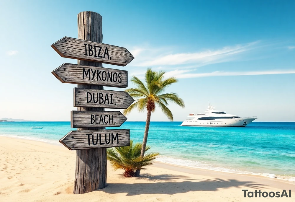 A tall wooden signpost with four directional arrows, each pointing in a different direction. The arrows are rustic and slightly weathered, with the names of popular travel destinations written on them: 'IBIZA', 'MYKONOS', 'DUBAI', 'ZRCE BEACH', 'IOS', 'PALMA', and 'TULUM'. The signpost is located on a sandy beach with a clear blue ocean in the background. A luxurious white yacht is visible on the water, slightly in the distance. A tall, green palm tree stands nearby, casting a small shadow on the sand. The scene is bathed in warm sunlight, with a few wispy clouds in the sky, creating a relaxed and tropical vacation vibe. tattoo idea