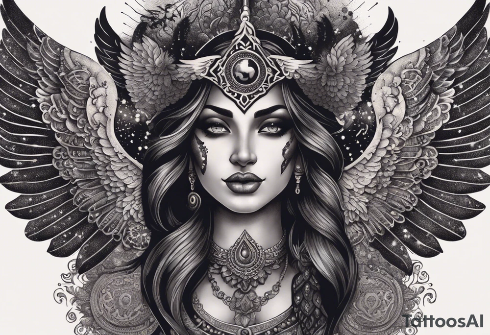 black kali, goddess pirate, alien, angel, pachamama, valkrye, warrior, flying, skull, lotus azul, wing, eagle, zenza resonance, stars, 5D, anahata chakra, death, durga, riding on a tiger, flying lady, chest tatoo tattoo idea