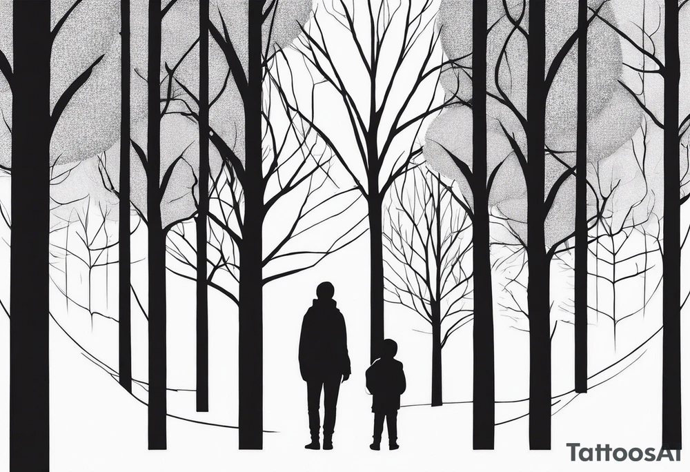 two tall silhouettes of trees and one small person standing between them with the symbol |-/ hidden somewhere in the design. i want it to look hand drawn tattoo idea