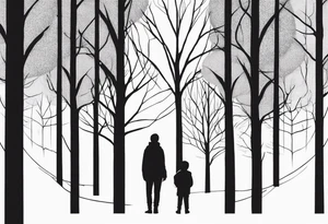 two tall silhouettes of trees and one small person standing between them with the symbol |-/ hidden somewhere in the design. i want it to look hand drawn tattoo idea